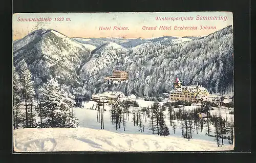 AK Semmering, Hotel Palace und Grand Hotel Erzherzog Johann im Winter