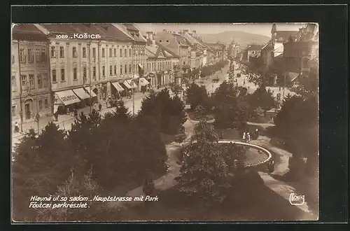 AK Kosice, Hlavna u. so sadom, Hauptstrasse mit Park, Föutcai parkreszlet