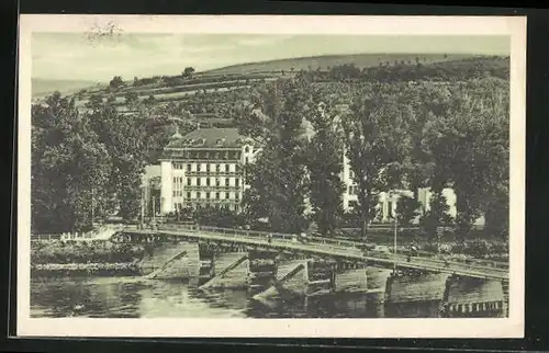 AK Piestany, Grand Hotel Royal, Pohled z hotelu na lázensky ostrov, Aussicht vom Hotel auf die Badeinsel