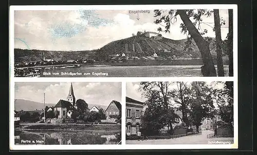 AK Leonberg, Blick vom Schlossgarten zum Engelberg, Partie am Main, Schlosseingang