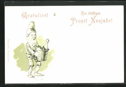 Lithographie Zwerg mit knallendem Sektkorken