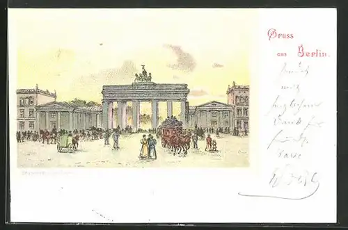Lithographie Berlin, Passanten am Brandenburger Tor