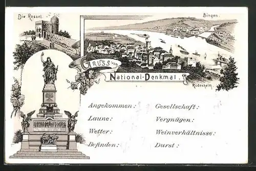 Lithographie Bingen, Gesamtansicht und National-Denkmal