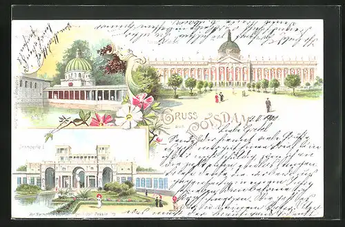 Lithographie Potsdam, Sanssouci mit Orangerie, Neuem Palais und Mausoleum