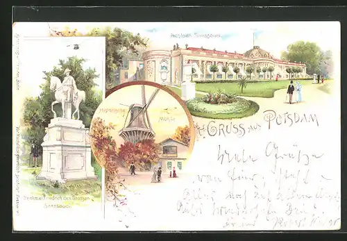 Lithographie Potsdam, Schloss Sanssouci mit historischer Mühle und Denkmal Friedrich des Grossen