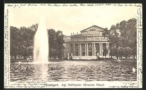AK Stuttgart, Kgl. Hoftheater, Grosses Haus, Springbrunnen
