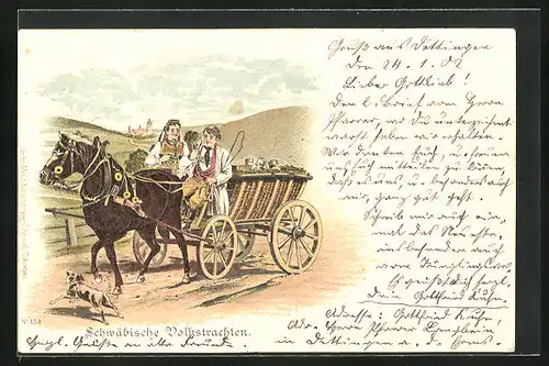 Lithographie Schwäbische Volkstrachten, Bauernpaar in einer Kutsche