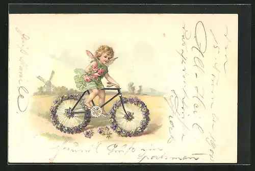 Lithographie niedlicher Engel fährt auf einem mit Blumen geschmücktem Fahrrad