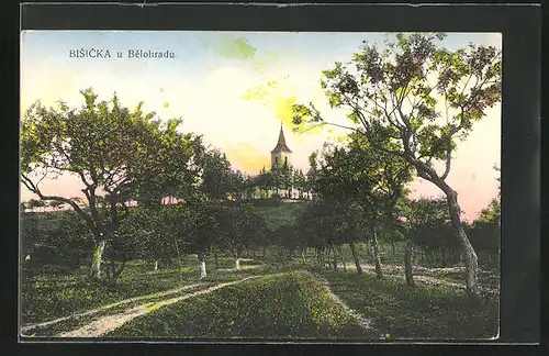 AK Lazne Belohrad, Bisicka, Blick hinauf zur Kirche