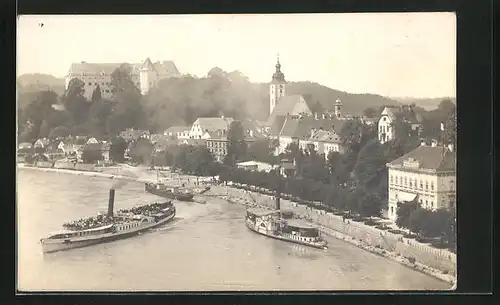 AK Grein a.d. Donau, Blick vom Fluss zum Schloss
