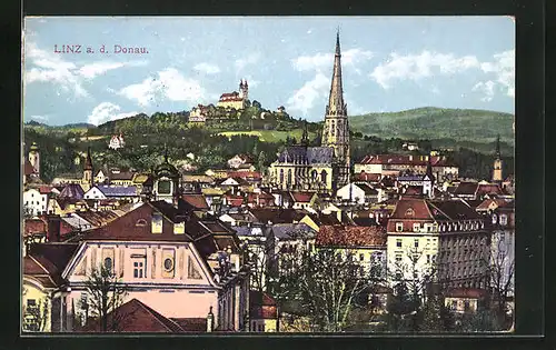 AK Linz a.D., Blick über die Dächer der Stadt zum Münster