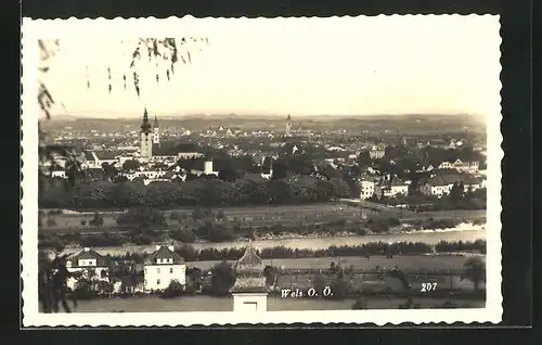 AK Wels, Stadtpanorama mit den Kirchtürmen