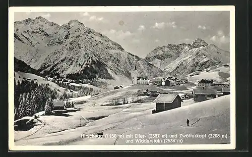 AK Hirschegg, Blick auf den Ort unter Elfer-, Zwölferkopf und Widderstein