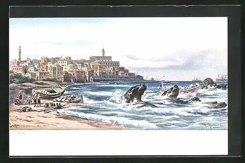 Künstler-AK Jaffa, Ruderboote am Ufer mit Blick zur Stadt