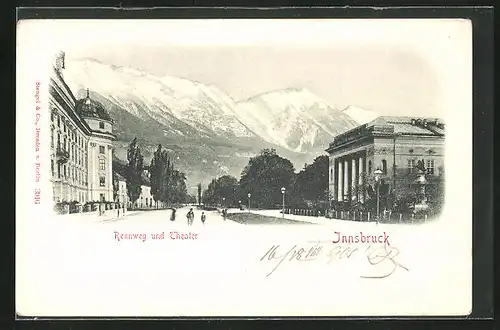 AK Innsbruck, Rennweg mit Theater und Gebirgsblick