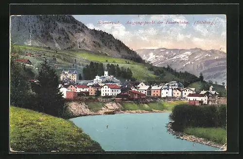 AK Schwarzach, Ausgangspunkt der Tauernbahn, Partie am Flussufer