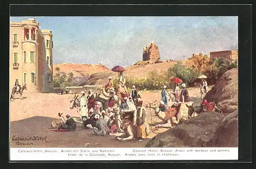 Künstler-AK Assuan, Araber mit Eseln und Kamelen, Hotel de la Cataracte