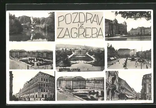 AK Zagreb, Tomislaw-Platz, Strassenpartie & Park