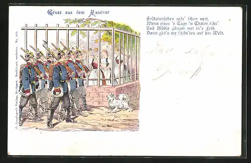 Lithographie Gruss aus dem Manöver, Soldatenleben wär schon nett...