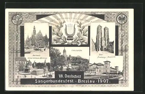 AK Breslau, VII. Deutsches Sängerbundfest 1907, Rathaus, Liebichshöhe & Festplatz