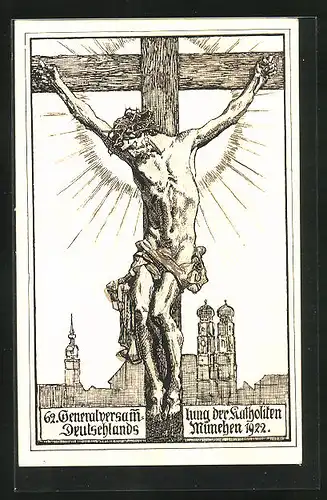 Künstler-AK München, 62. Generalversammlung der Katholiken Deutschlands 1922, Jesuskreuz vor Stadtsilhouette