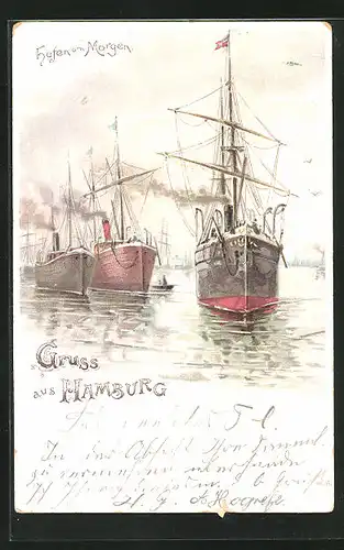 Lithographie Segelschiffe im Hafen am Morgen