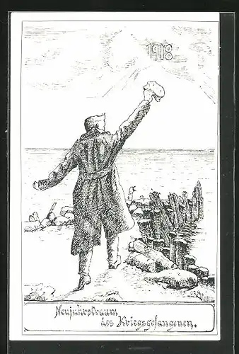 Künstler-AK Neujahrstraum des Kriegsgefangenen, Soldat winkt der See zu