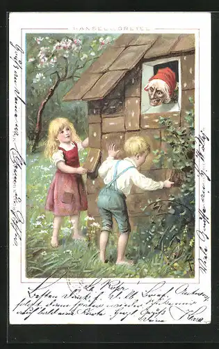 AK Hänsel und Gretel am Knusperhäuschen, Hexe blickt aus dem Fenster