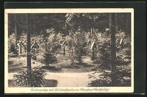 AK München-Hadern, Gräberanlage mit Holzdenkmalen im Waldfriedhof