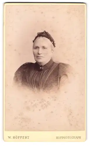 Fotografie W. Höffert, Dresden, Prager-Str. 6, Portrait Dame im Biedermeierkleid mit Brosche und Haube