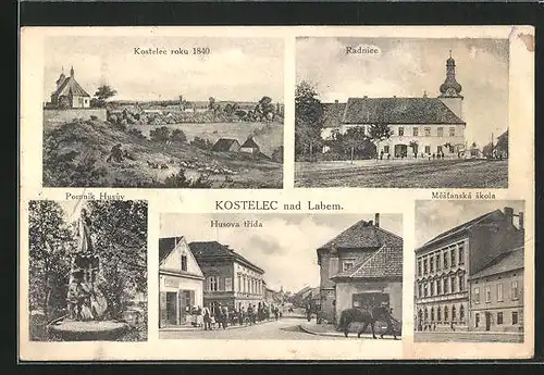 AK Kostelec nad Labem, Radnice, Husova trida, Pomnik Husuv