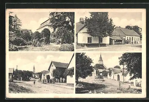 AK Kbel, Gasthaus, Ortspartie mit Kirche, Gebäudeansicht