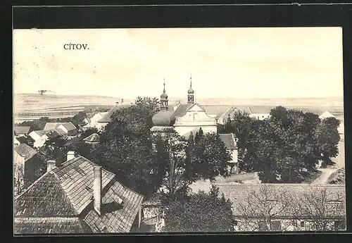 AK Citov, Celkovy pohled, Teilansicht mit Kirchturm