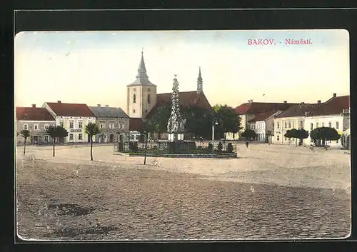 AK Bakov, Namesti, Denkmal auf dem Marktplatz