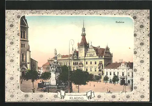 AK Kladno, Radnice, Denkmal auf dem Marktplatz