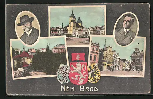 AK Nem. Brod, Stadtwappen, Strassenpartie, Kostel