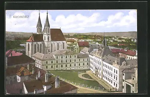 AK Kromeriz, Teilansicht mit Kirche aus der Vogelschau