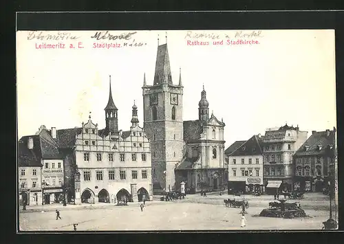 AK Leitmeritz / Litomerice, Stadtplatz, Rathaus und Stadtkirche, Namesti