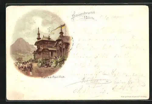 Lithographie Bilin / Bilina, Kaffe-Pavillon, Sauerbrunn