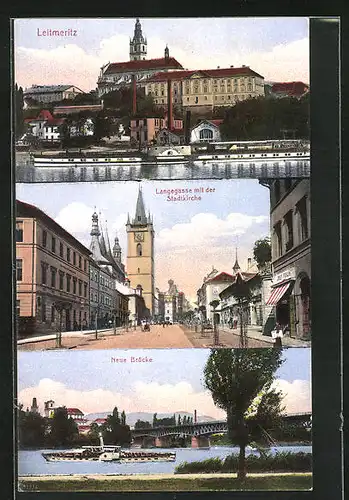 AK Leitmeritz / Litomerice, Langegasse mit der Stadtkirche, Neue Brücke, Novy most