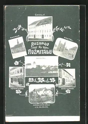 AK Rozmital, Hotel Plzenka, Kostel, Skoly