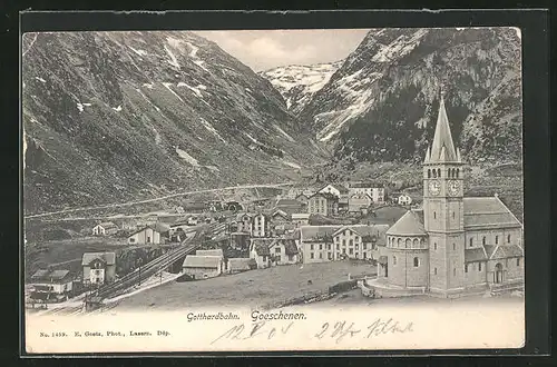AK Goeschenen, Ortspartie mit Gotthardbahn