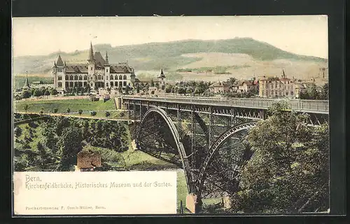 AK Bern, Kirchenfeldbrücke mit Historischen Museum und der Gurten