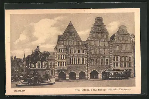 AK Bremen, Cafe mit Kaiser Wilhelm-Denkmal und Strassenbahn