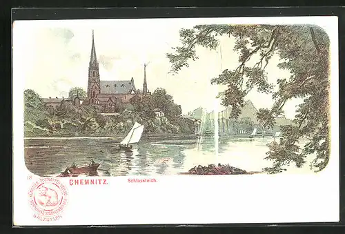 Lithographie Chemnitz, Fontaine im Schlossteich, Kirche