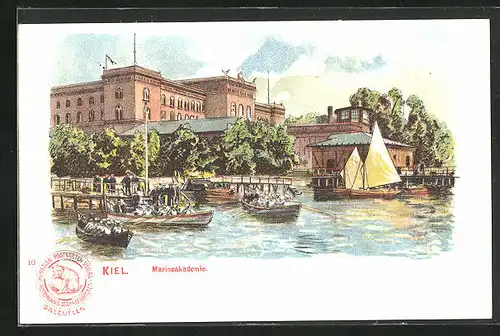 Lithographie Kiel, Marineakademie wasserseitig gesehen