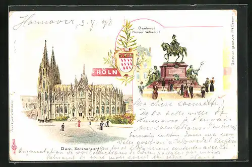 Lithographie Köln, Denkmal Kaiser Wilhelm I., Dom