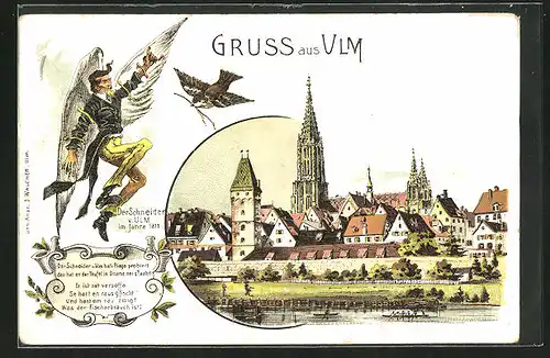 Lithographie Ulm a. D., Der Schneider von Ulm im Jahre 1811, Ulmer Münster, Spatz mit Zweig im Schnabel