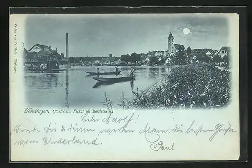 Mondschein-AK Nürtingen, Neckarpartie mit Blick zum Ort