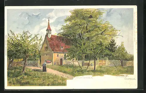 Lithographie Nürtingen, Partie an der Friedhof Capelle